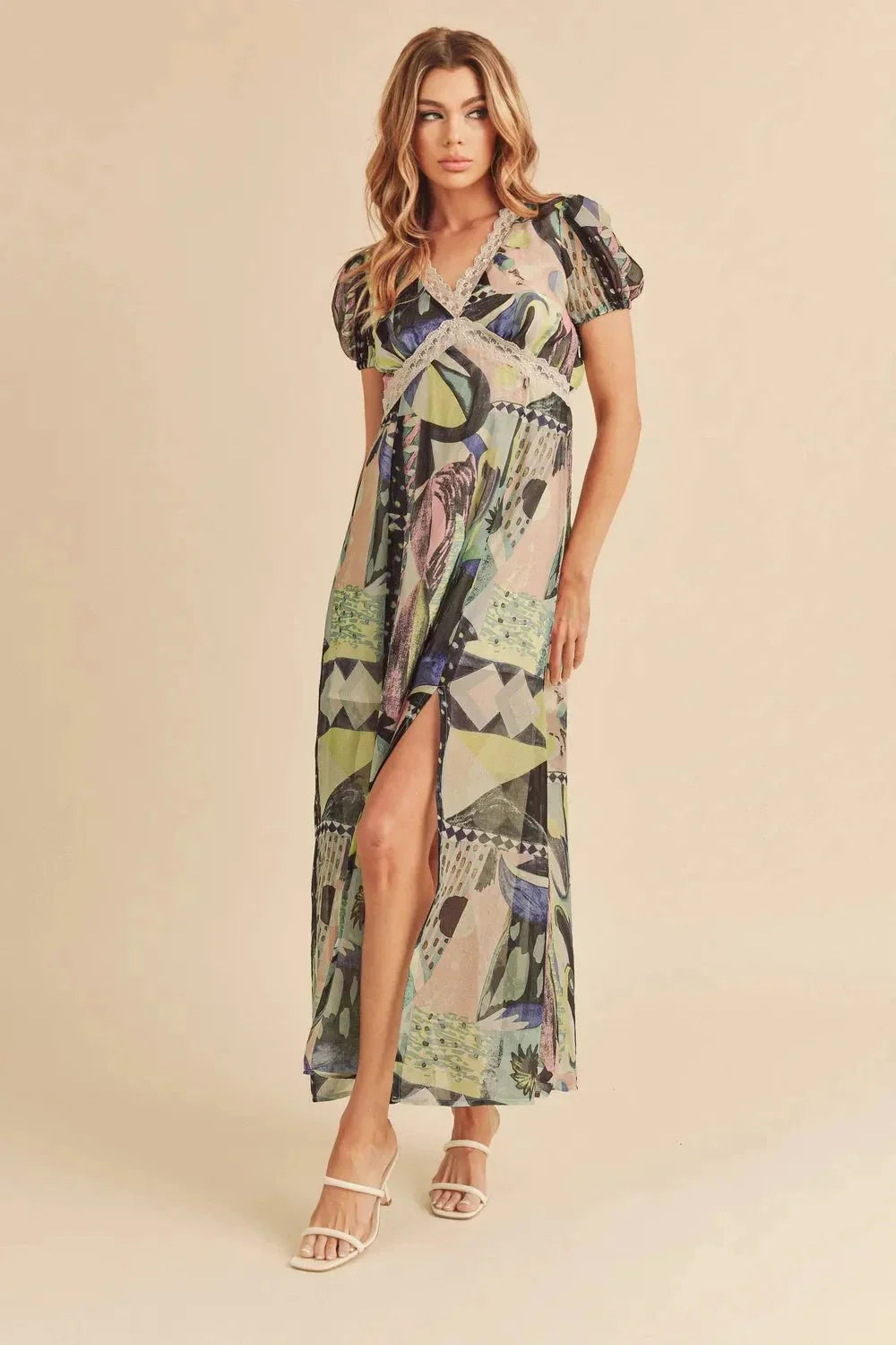 Aemi + Co Lace Detail Slit Geometric Print Short Sleeve Maxi Dress - VILLA FASHION